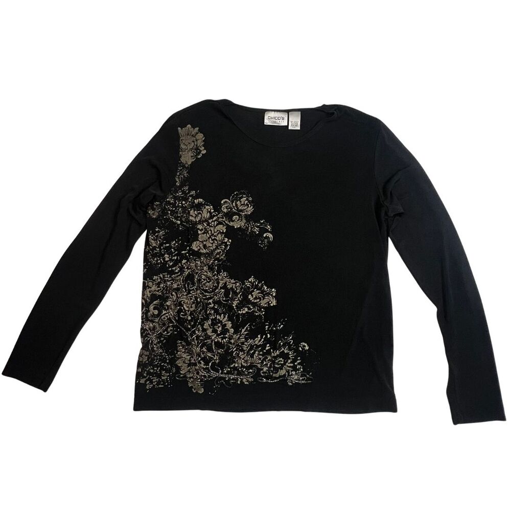 Chicos Blouse Size 1 Long Sleeve Black Floral Chain Gothic Casual Workwear Top